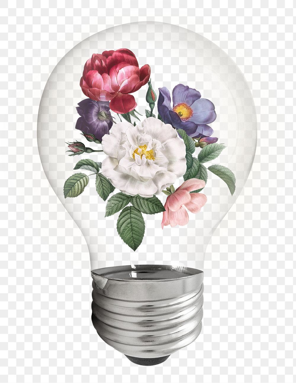 Spring flowers png light bulb, vintage botanical illustration on transparent background