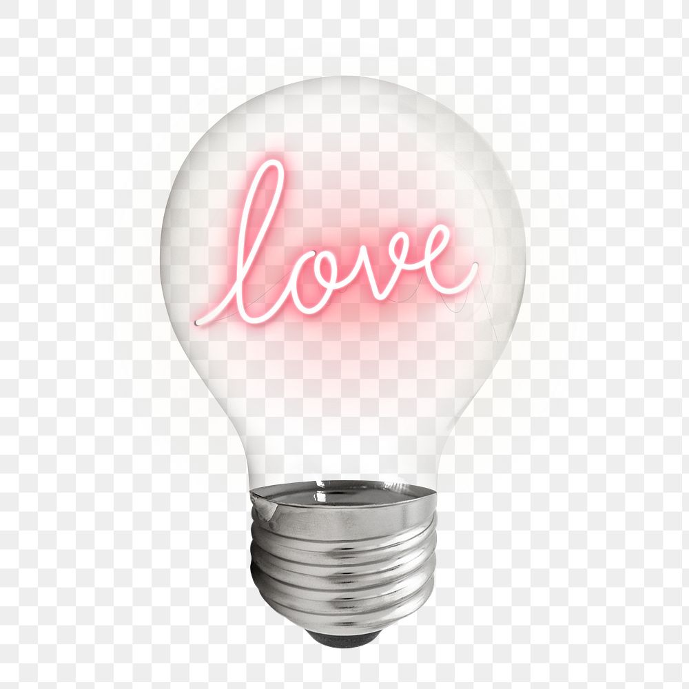 Love typography png sticker, neon light bulb creative remix on transparent background