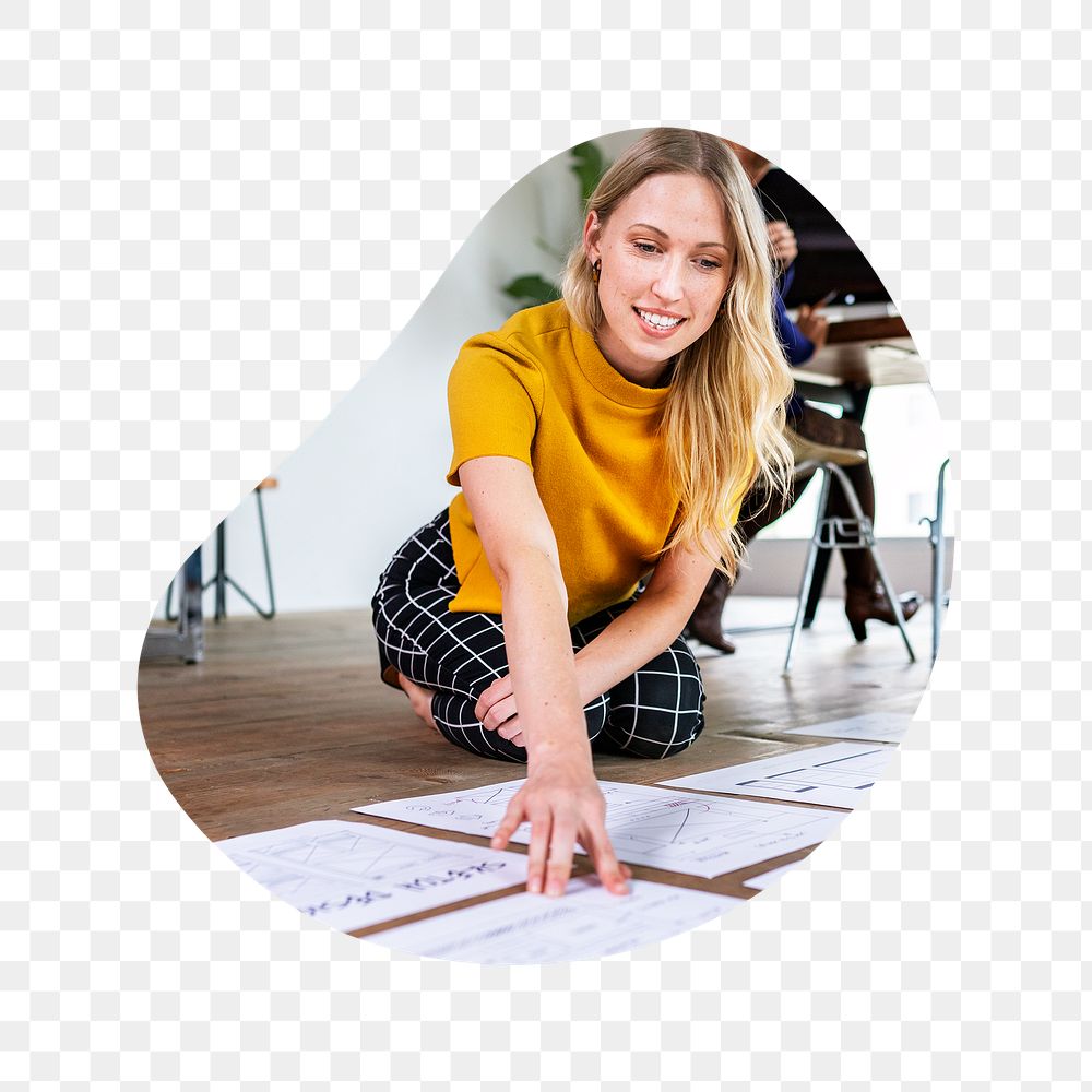 Businesswoman png planning project badge sticker, job photo in blob shape, transparent background
