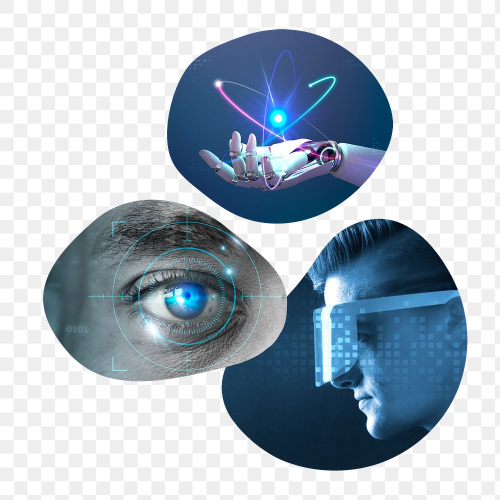 Futuristic technology png badge sticker, AI, biometrics remixed media photo in blob shape, transparent background