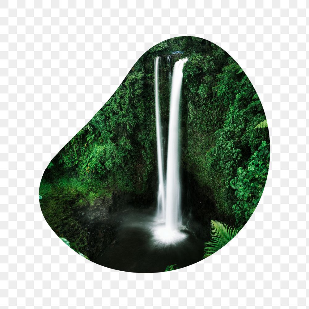 Beautiful waterfall png badge sticker, nature photo in blob shape, transparent background