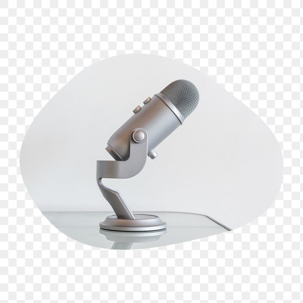 Microphone on table png badge sticker, podcast photo in blob shape, transparent background
