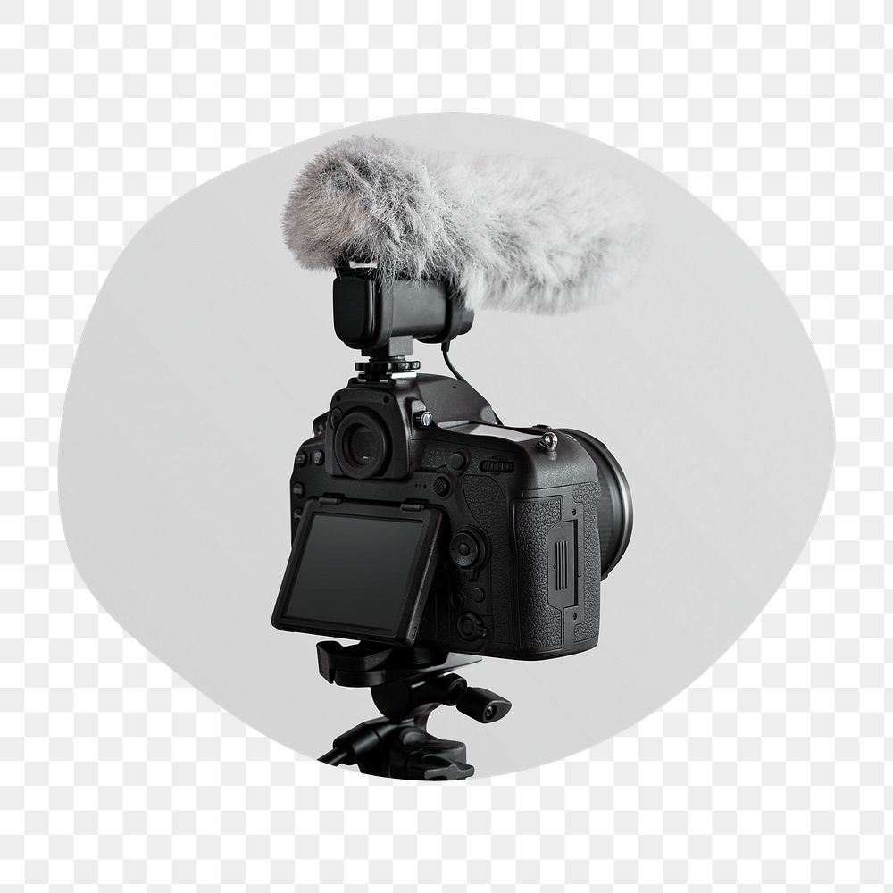DSLR camera with mic badge sticker, media photo in blob shape, transparent background