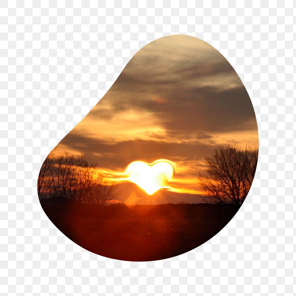 Heart sunset png sky badge sticker, nature photo in blob shape, transparent background
