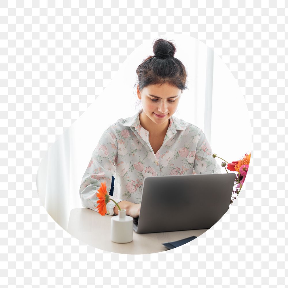 Woman png working on laptop badge sticker, job photo in blob shape, transparent background
