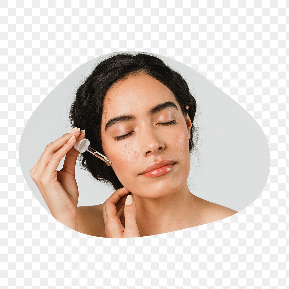 Png woman applying serum badge sticker, skincare routine photo in blob shape, transparent background