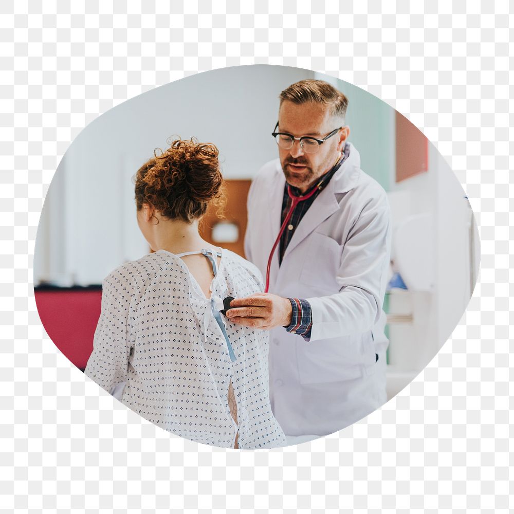 Png doctor diagnosing patient badge sticker, medical photo in blob shape, transparent background