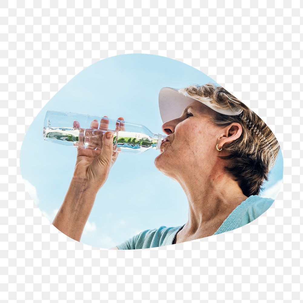 Png senior woman drinking water badge sticker, wellness photo in blob shape, transparent background