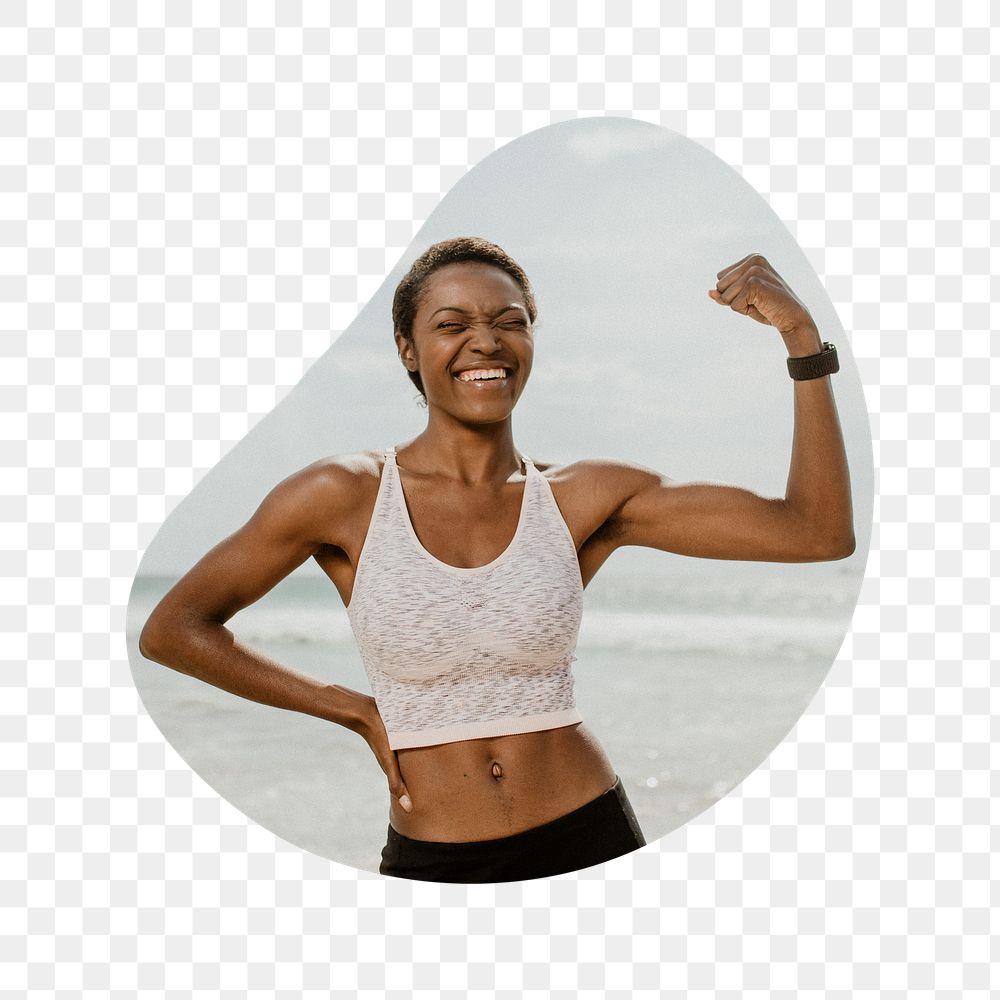 Healthy woman png flexing muscle badge sticker, wellness photo in blob shape, transparent background