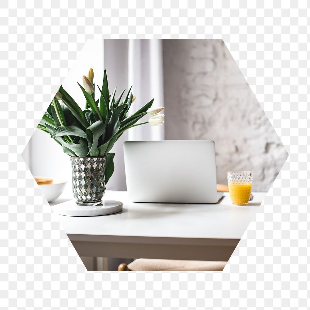 Minimal workstation png badge sticker, laptop, houseplant photo in hexagon shape, transparent background