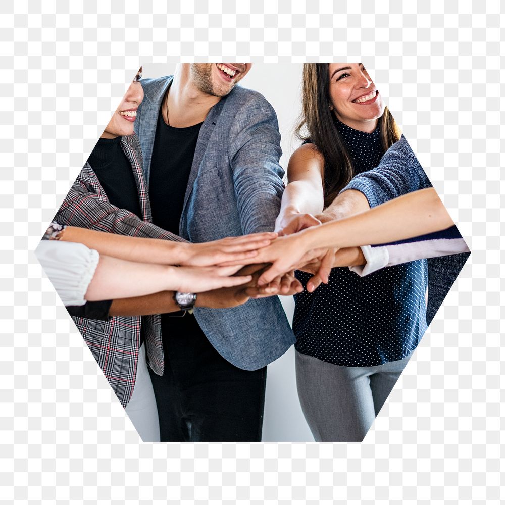 Teamwork, joined hands png badge sticker, business people photo in hexagon shape, transparent background