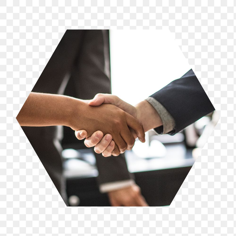 Business handshake png badge sticker, employment, hiring photo in hexagon shape, transparent background