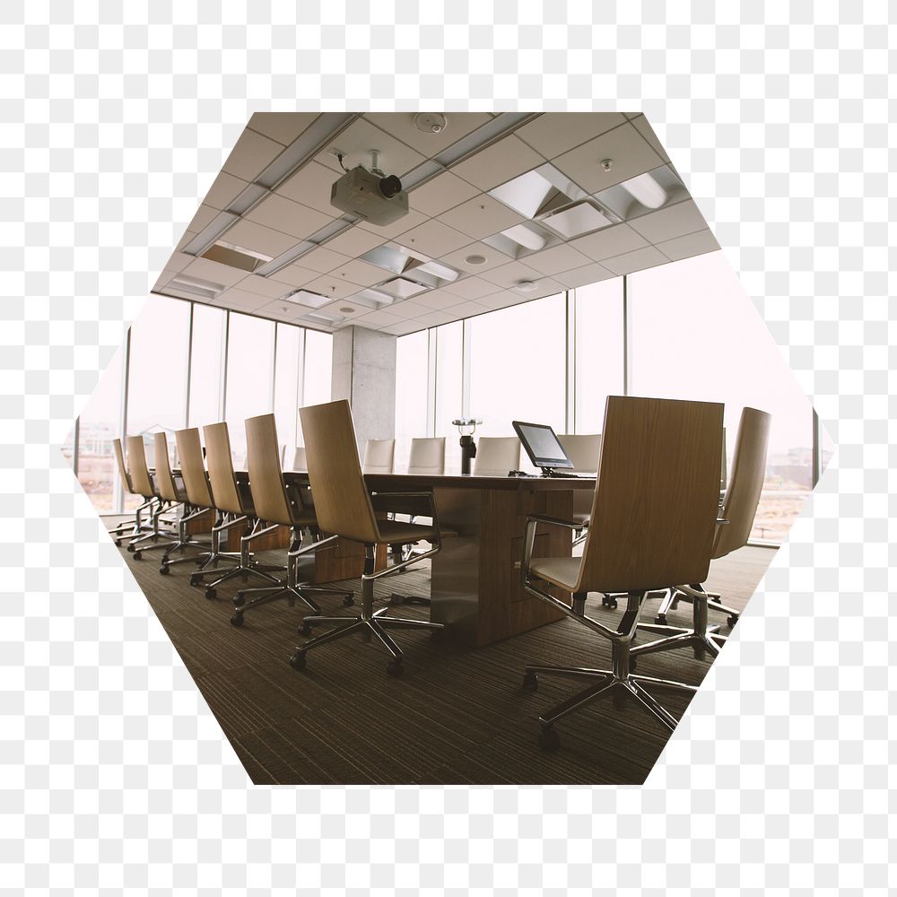 Business meeting room png badge sticker, office interior photo in hexagon shape, transparent background