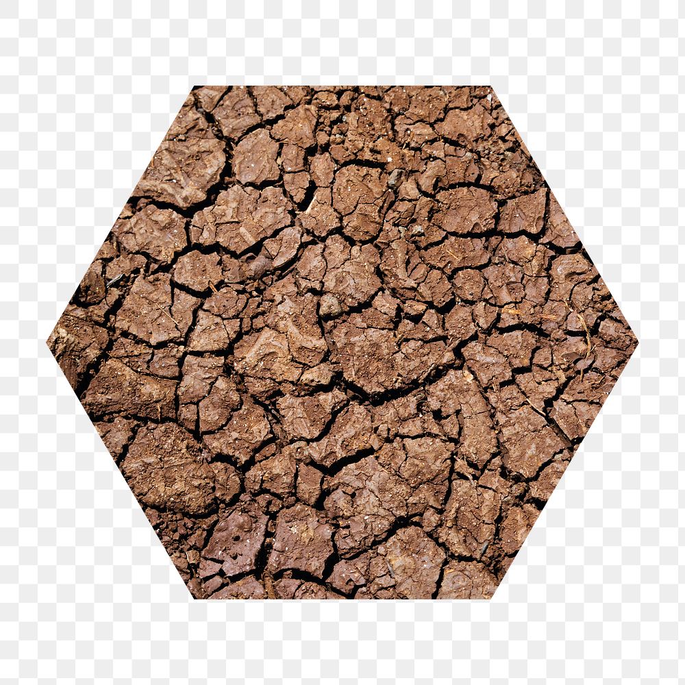 Global warming png badge sticker, cracked ground texture photo in hexagon shape, transparent background