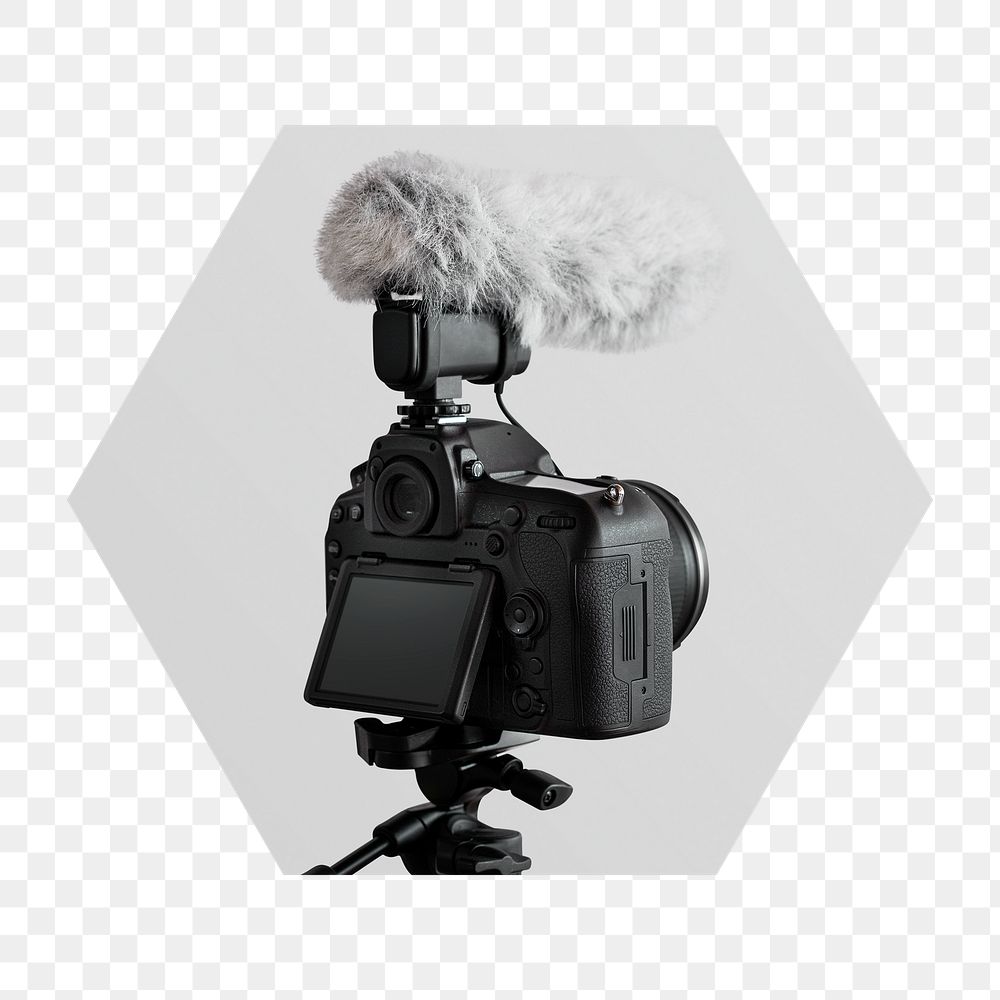 DSLR camera with mic badge sticker, media photo in hexagon shape, transparent background
