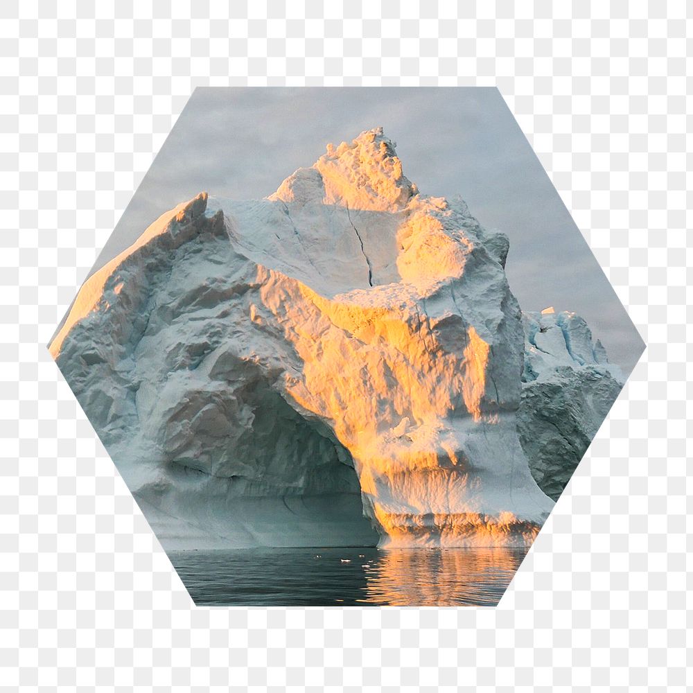 Melting iceberg png badge sticker, climate change photo in hexagon shape, transparent background