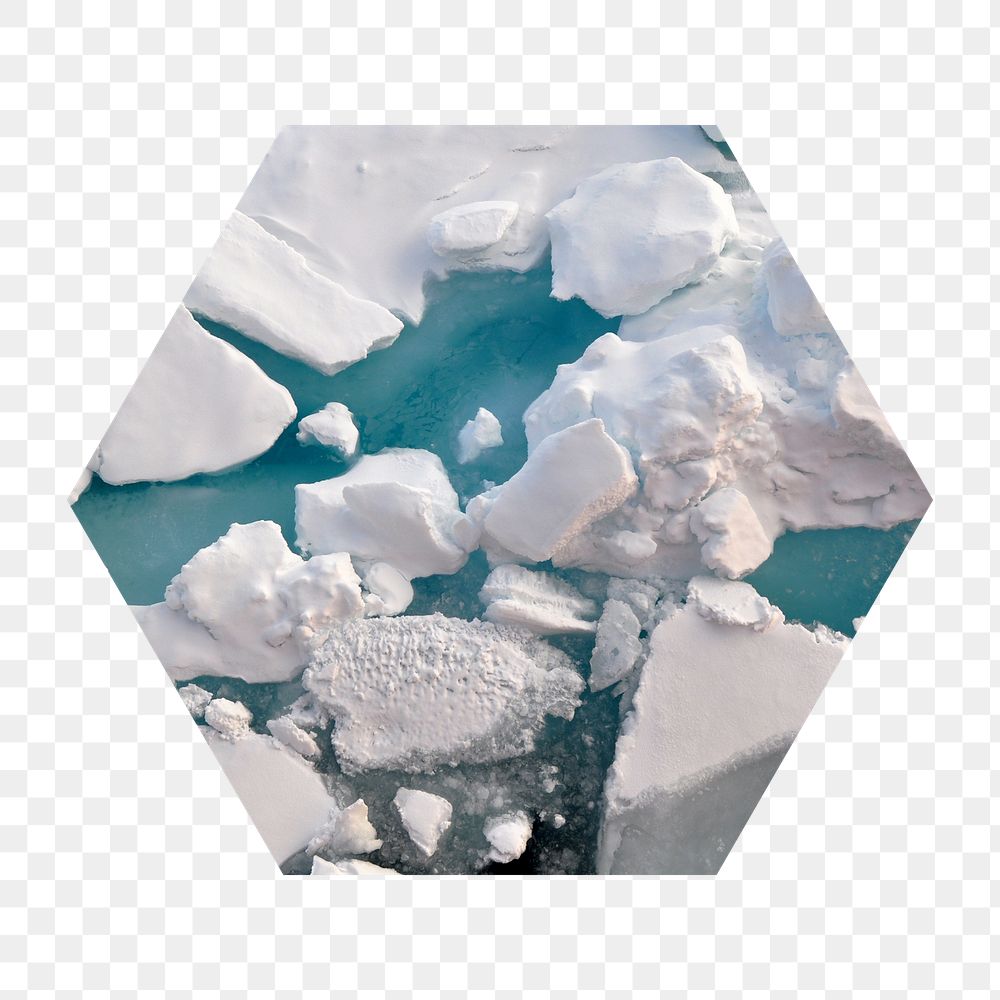 Melting ice png badge sticker, climate change photo in hexagon shape, transparent background