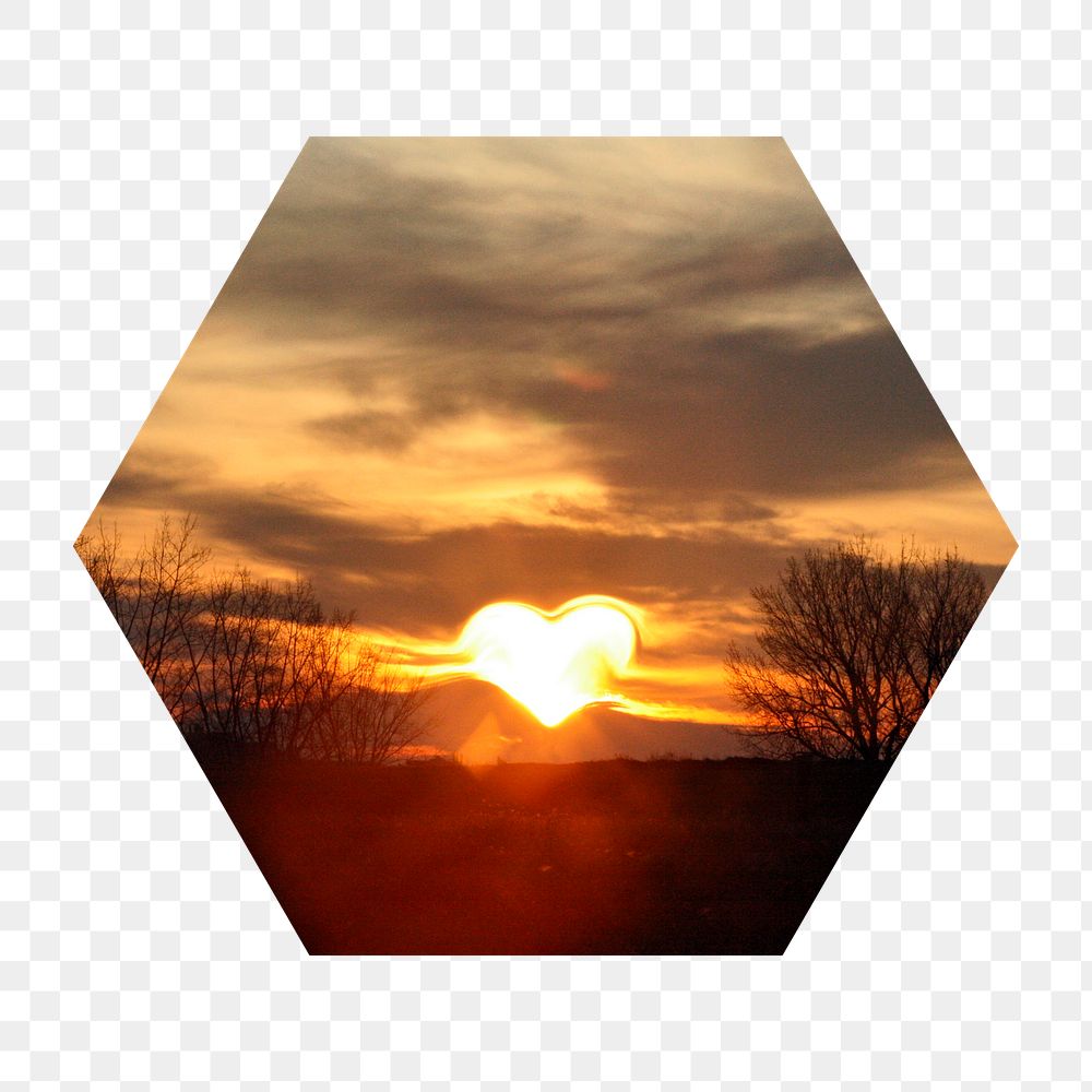 Heart sunset png sky badge sticker, nature photo in hexagon shape, transparent background