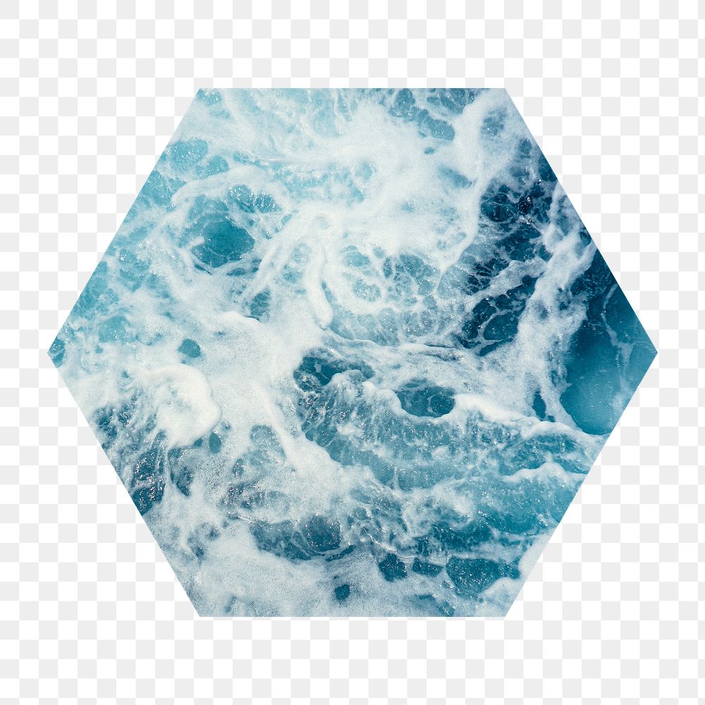 Ocean wave png badge sticker, environment photo in hexagon shape, transparent background