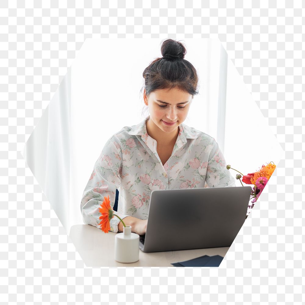 Woman png working on laptop badge sticker, job photo in hexagon shape, transparent background