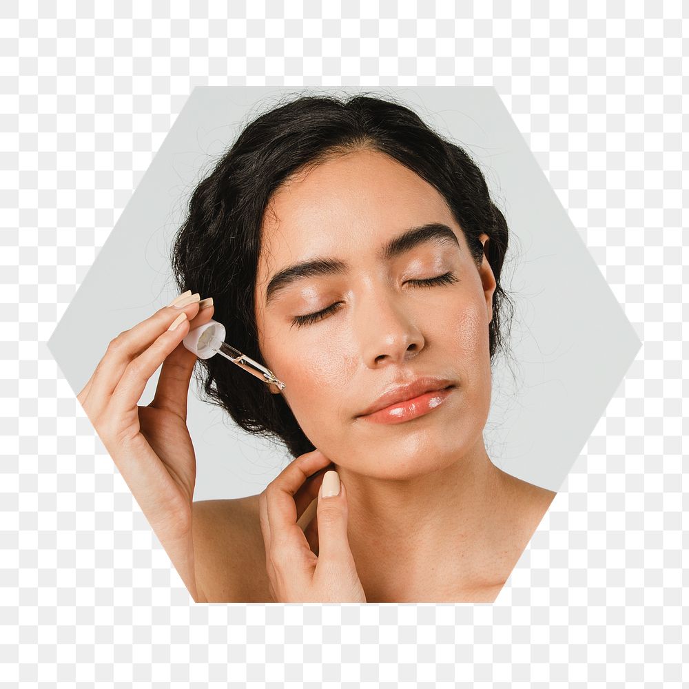 Png woman applying serum badge sticker, skincare routine photo in hexagon shape, transparent background