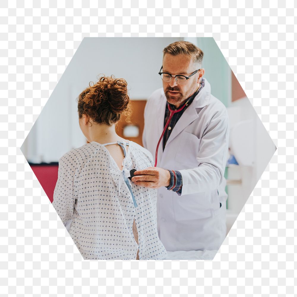 Png doctor diagnosing patient badge sticker, medical photo in hexagon shape, transparent background