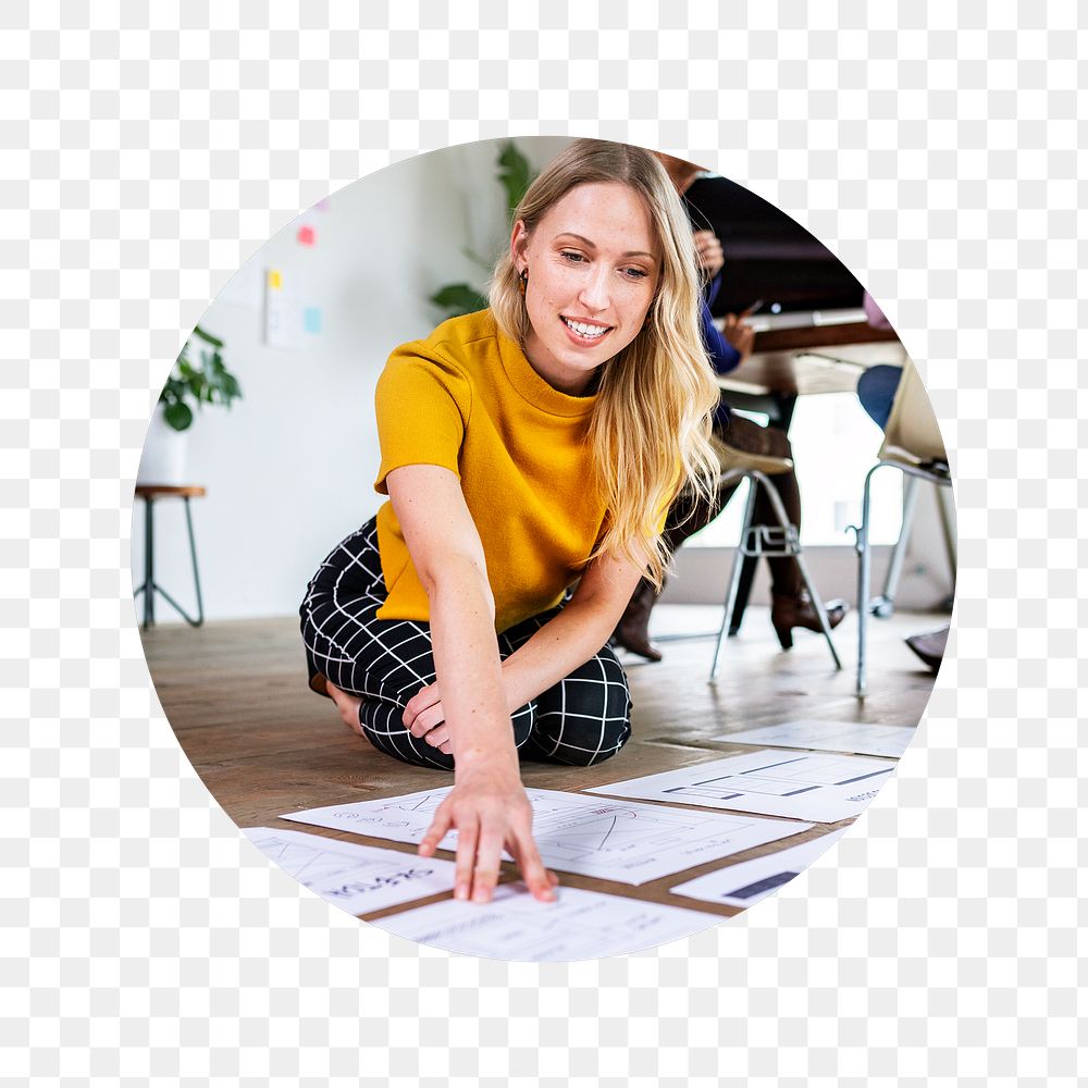 Businesswoman png planning project badge sticker, job photo, transparent background