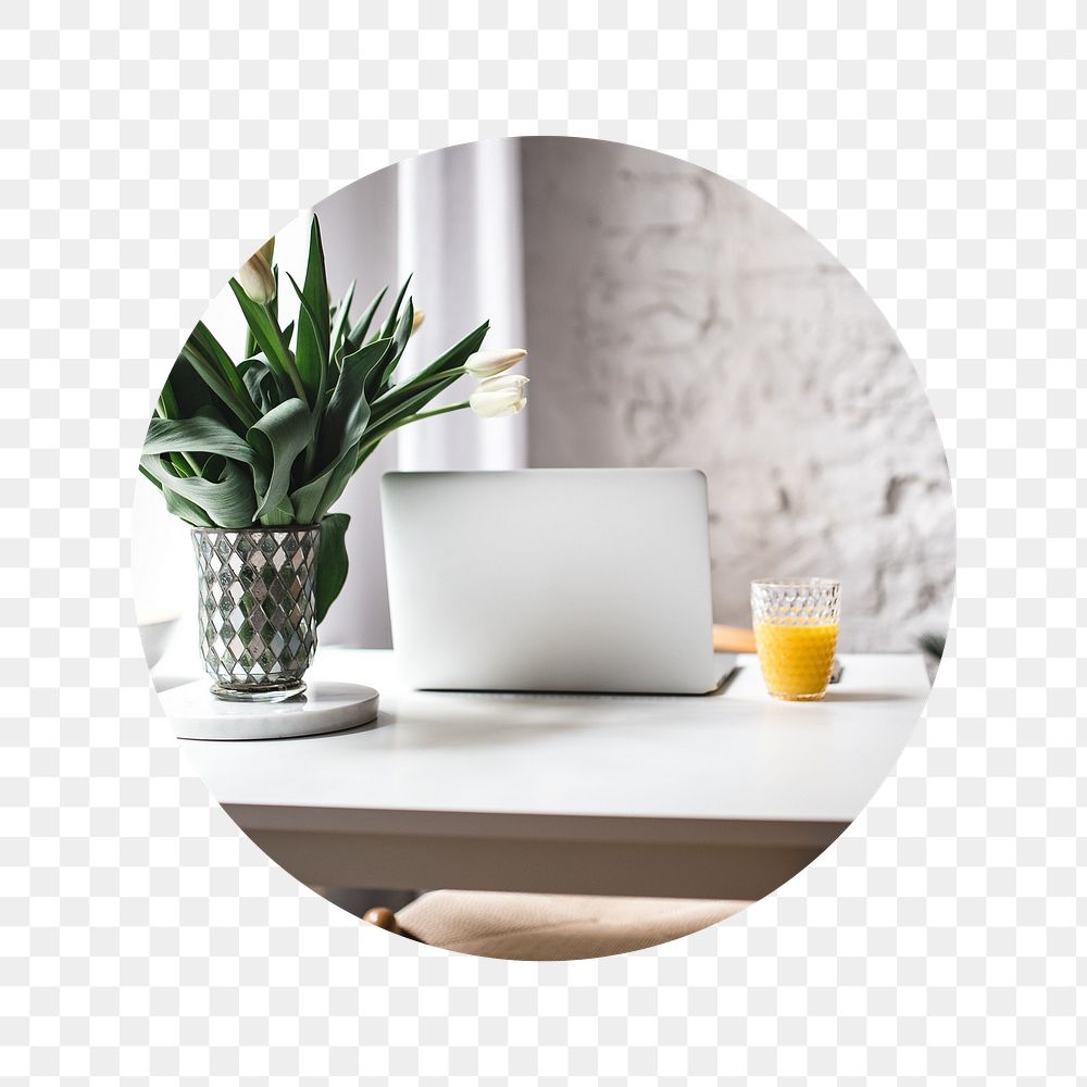 Minimal workstation png badge sticker, laptop, houseplant photo, transparent background