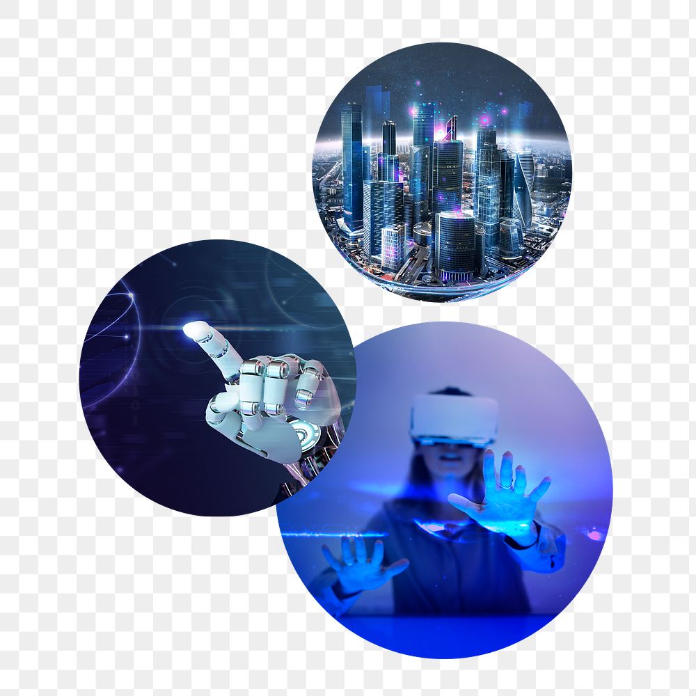 Futuristic technology png badge sticker, smart city, AI, VR remixed media photo, transparent background