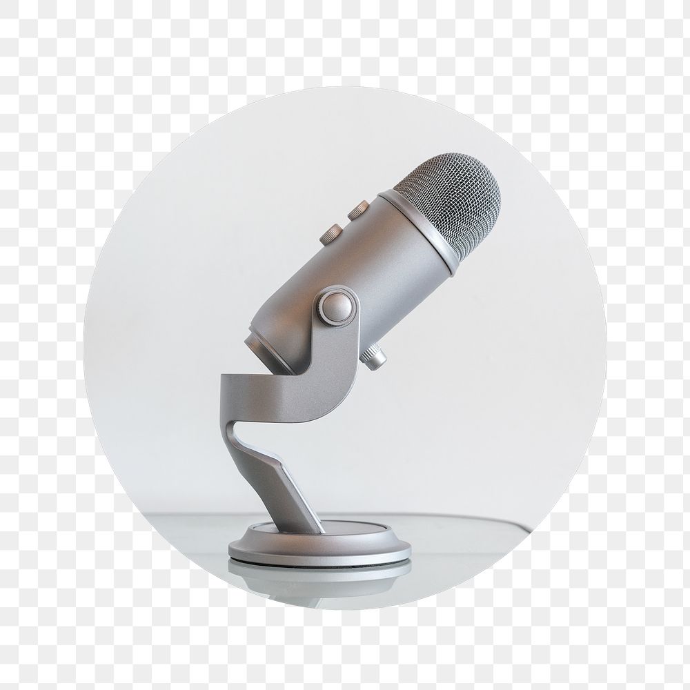 Microphone on table png badge sticker, podcast photo, transparent background