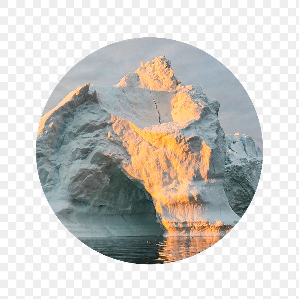 Melting iceberg png badge sticker, climate change photo, transparent background