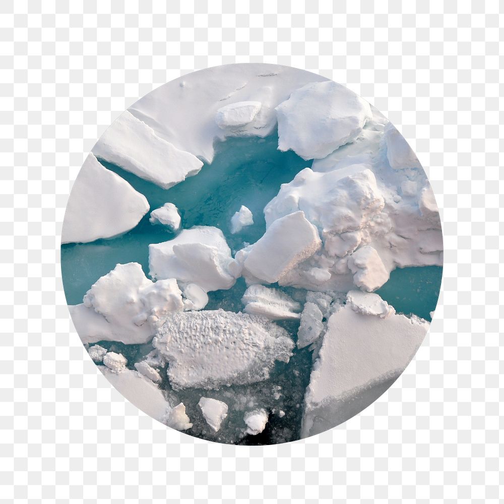 Melting ice png badge sticker, climate change photo, transparent background