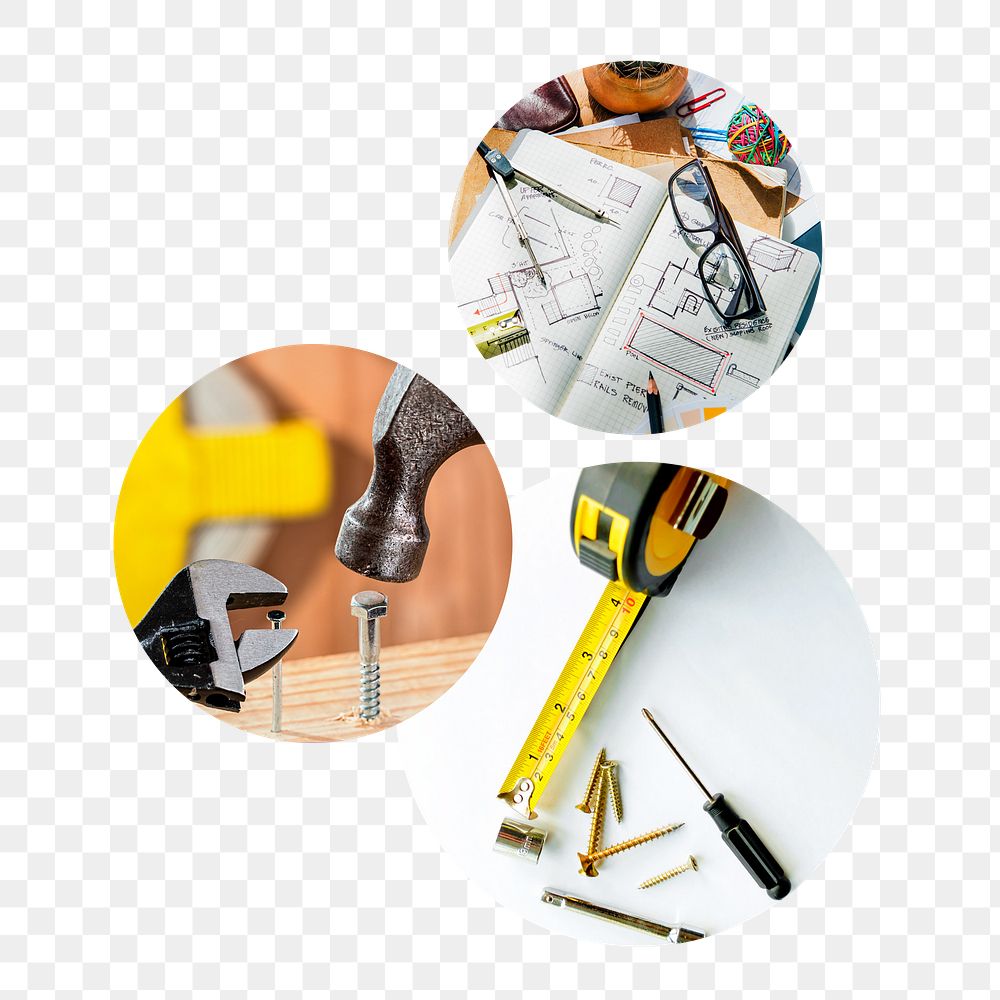 Carpenter job png badge sticker, technical tools photo, transparent background