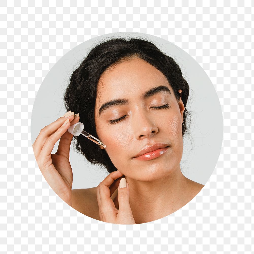 Png woman applying serum badge sticker, skincare routine photo, transparent background