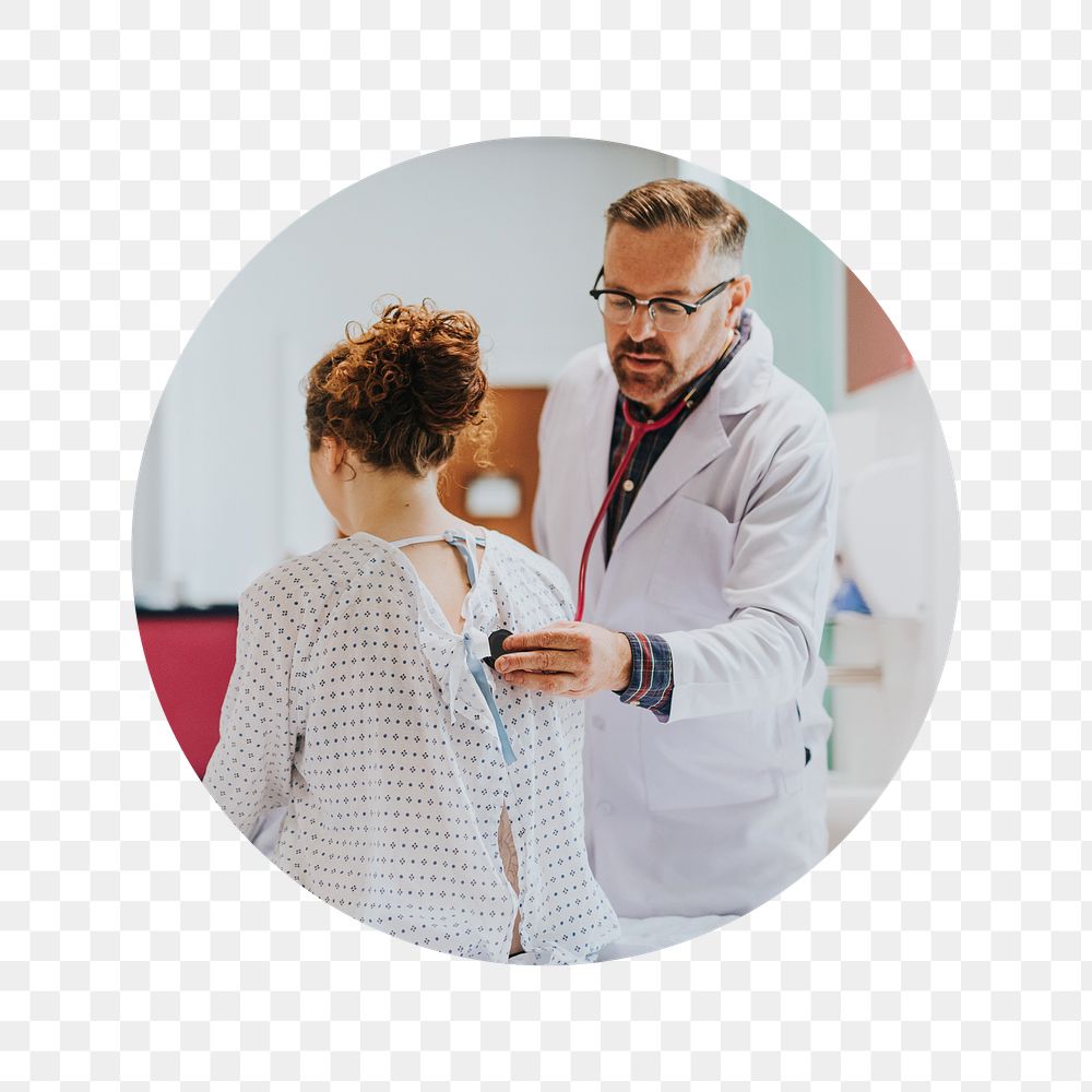 Png doctor diagnosing patient badge sticker, medical photo, transparent background