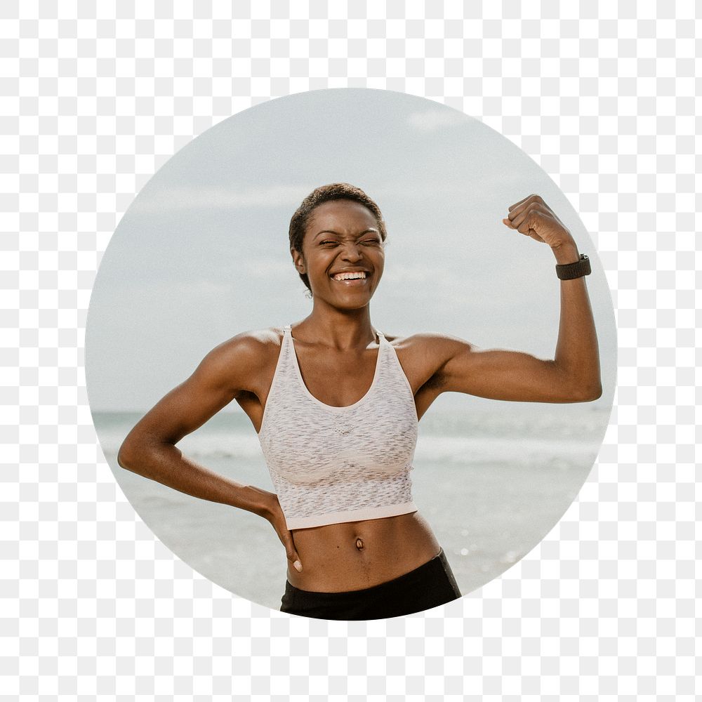 Healthy woman png flexing muscle badge sticker, wellness photo, transparent background