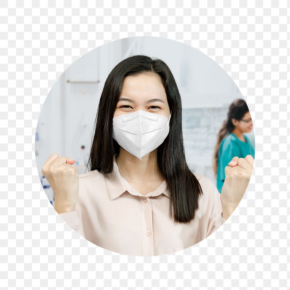 Png cheerful woman wearing mask badge sticker, COVID-19 safety photo, transparent background