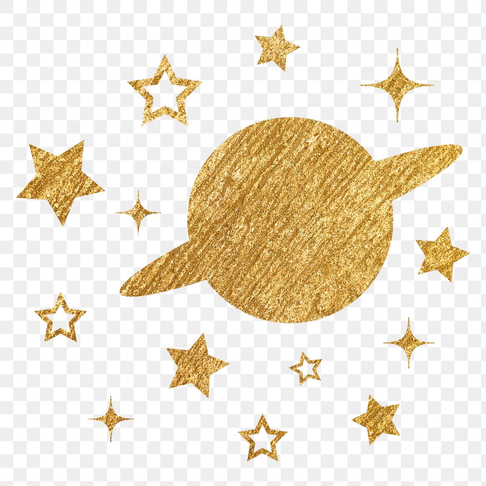 Aesthetic Saturn png sticker, metallic stars in gold, transparent background