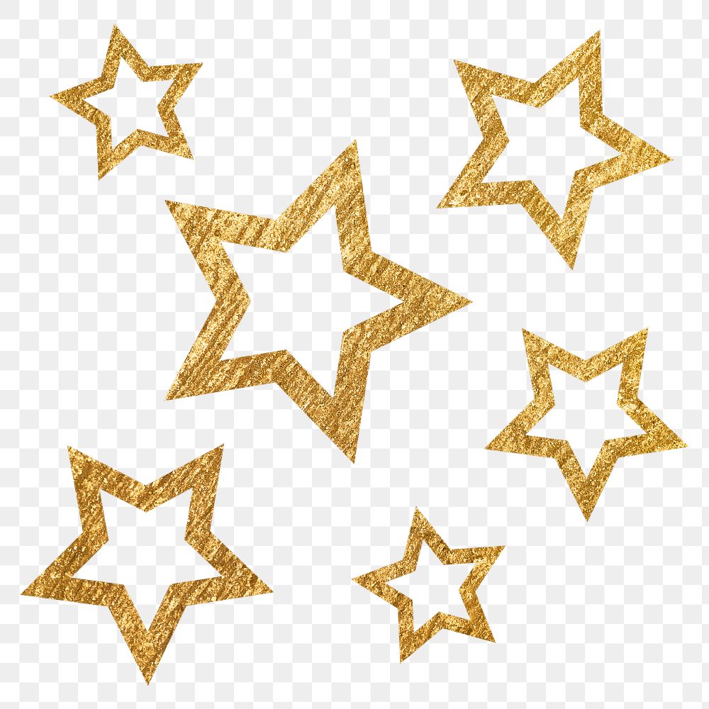 Png gold sparkly stars sticker, aesthetic shape, transparent background