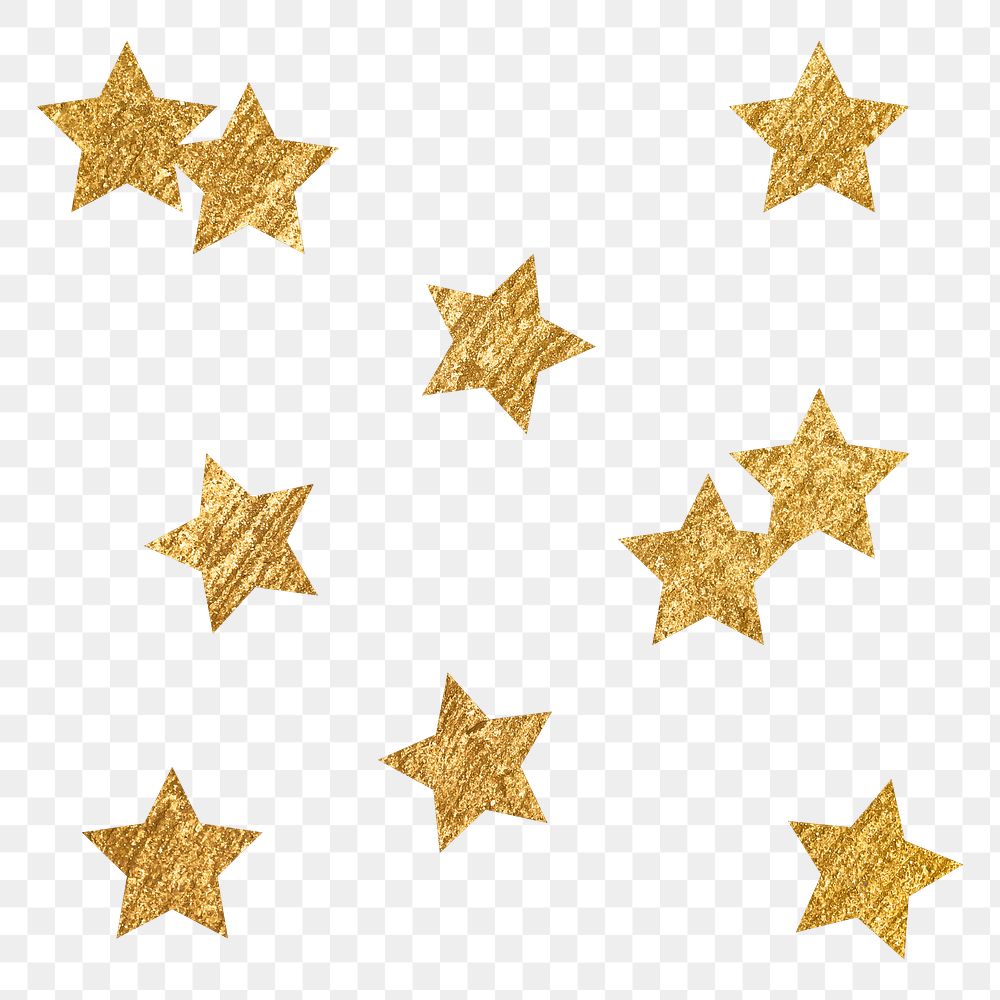 Png gold sparkly stars sticker, aesthetic shape, transparent background