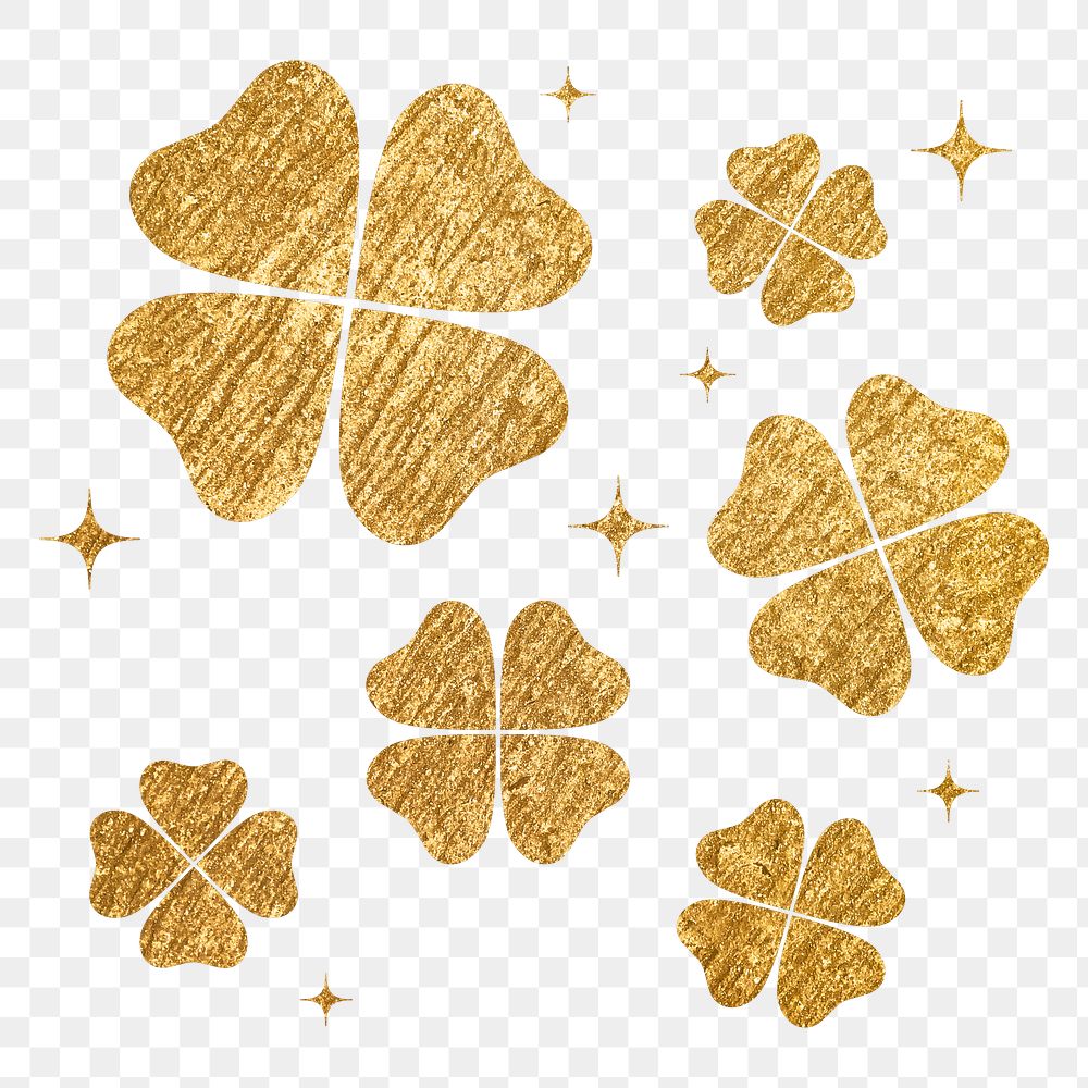 Gold clover png leaves sticker, metallic botanical illustration, transparent background