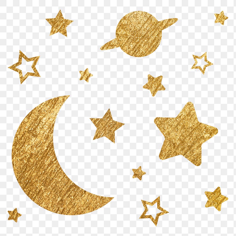 Aesthetic moon png sticker, metallic stars in gold, transparent background