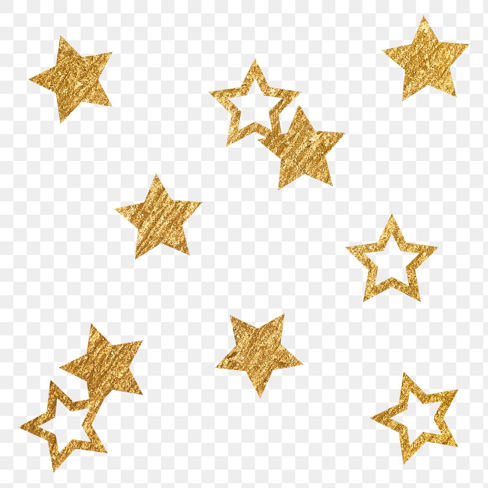 Png gold sparkly stars sticker, aesthetic shape, transparent background