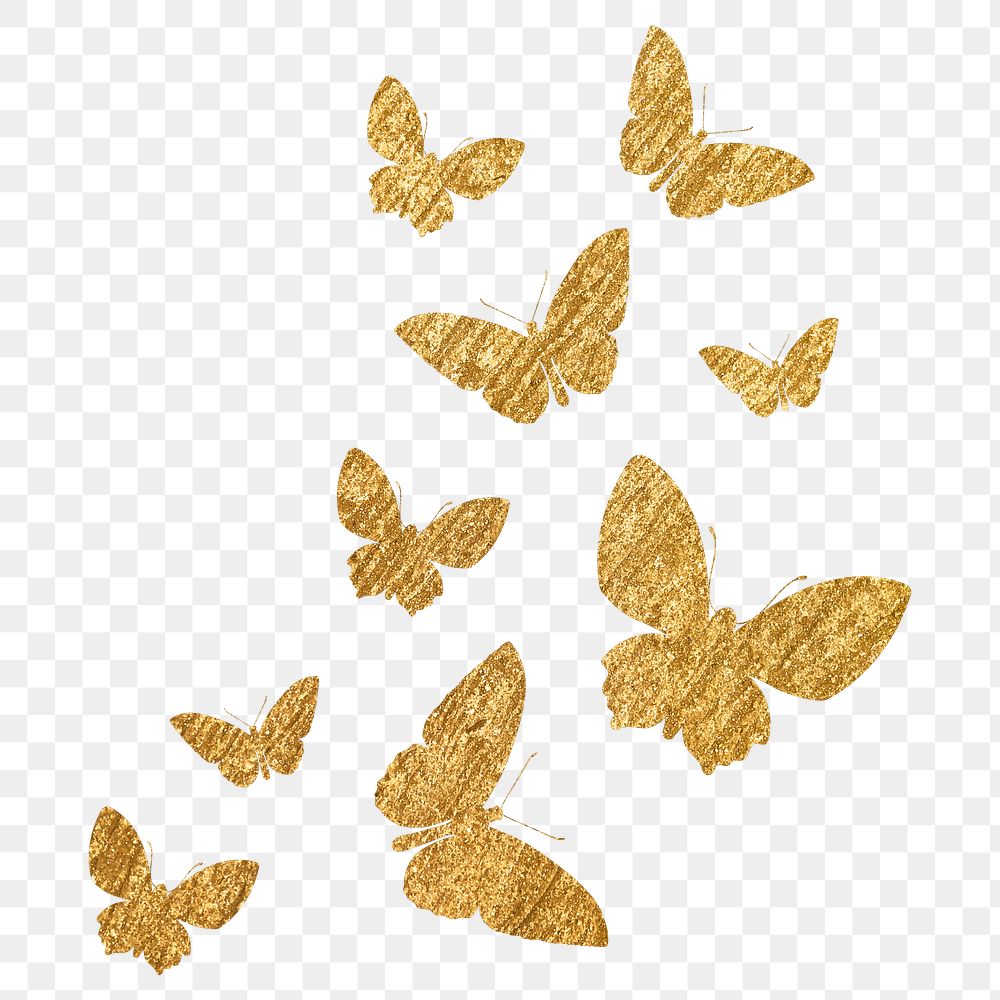 Gold butterflies png sticker, metallic aesthetic silhouette graphic on transparent background