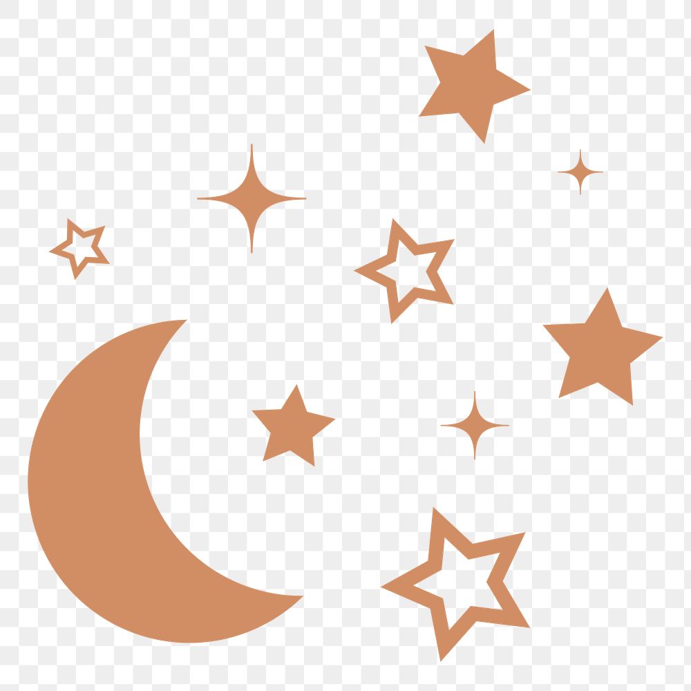 Moon, space png sticker, brown stars in flat design, transparent background