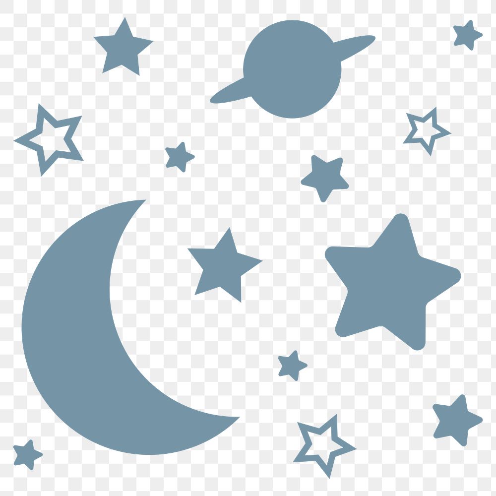 Moon, space png sticker, blue stars in flat design, transparent background