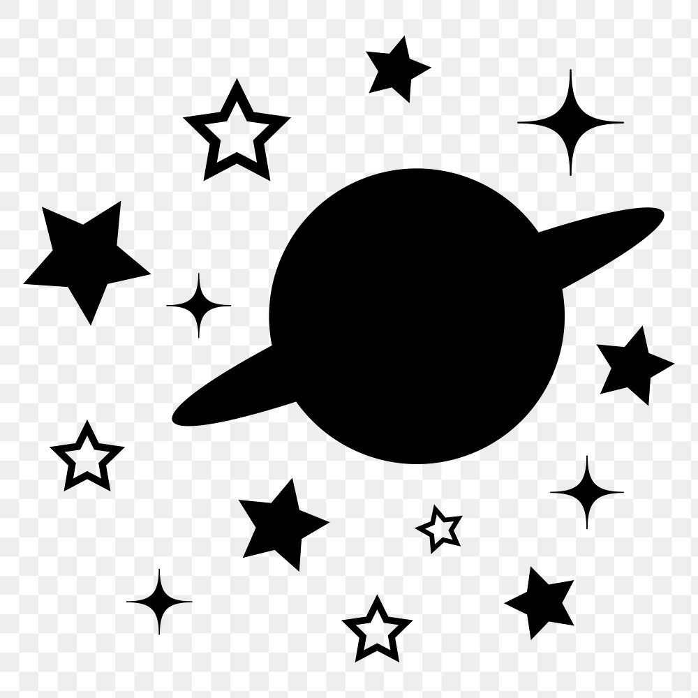Saturn, galaxy png sticker, black stars in flat design, transparent background