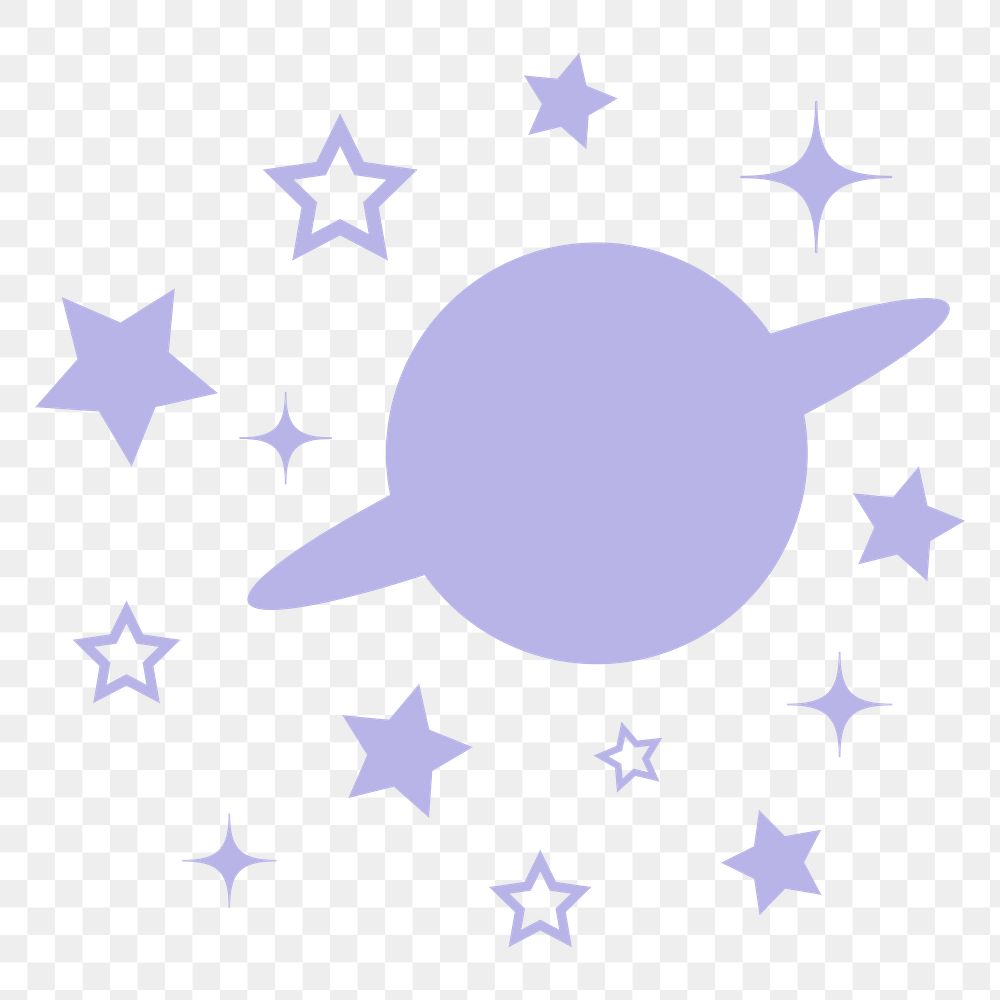 Saturn, galaxy png sticker, purple stars in flat design, transparent background
