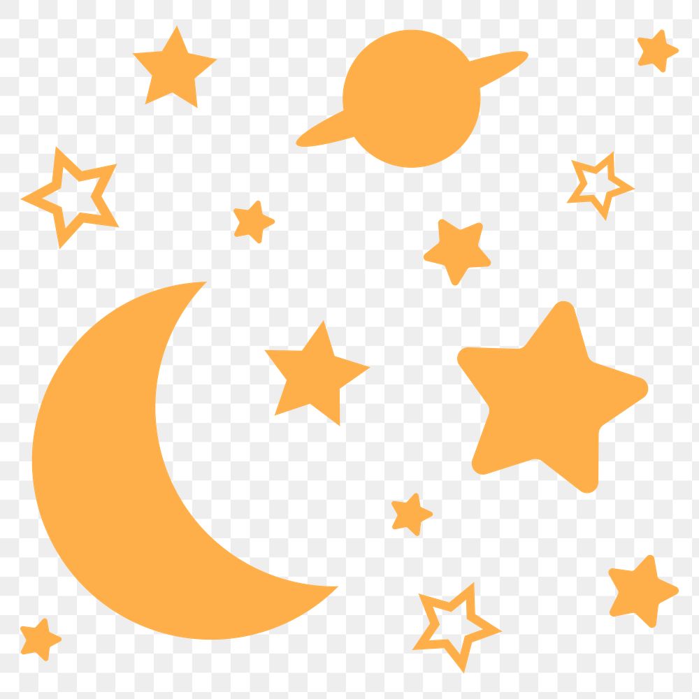 Moon, space png sticker, yellow stars in flat design, transparent background