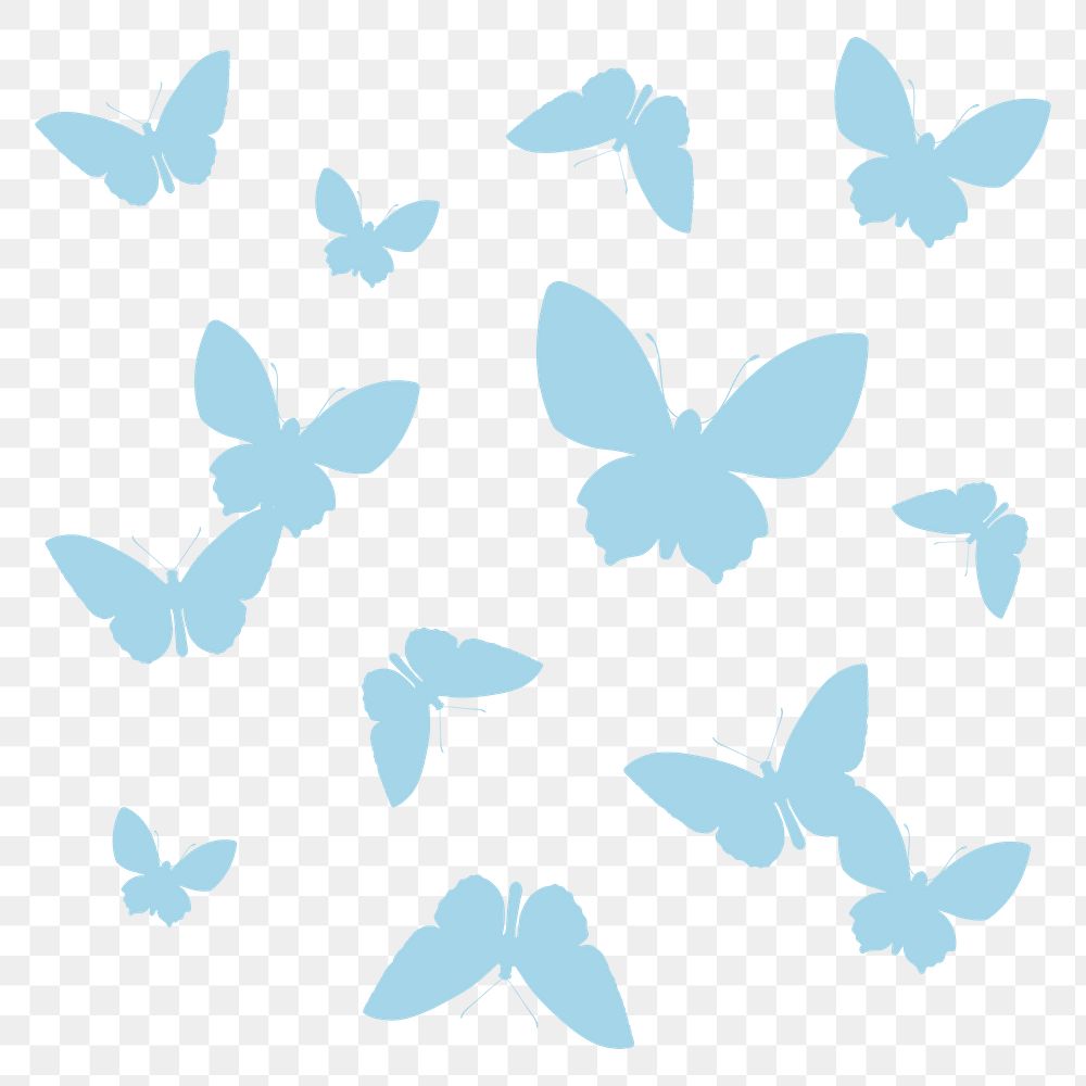 Blue butterflies png silhouette sticker, flat pastel graphic, transparent background